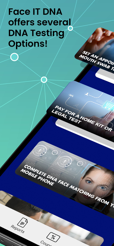 Find out if you are related - Mobile app menu showing various DNA testing options including facial recognition and home kits