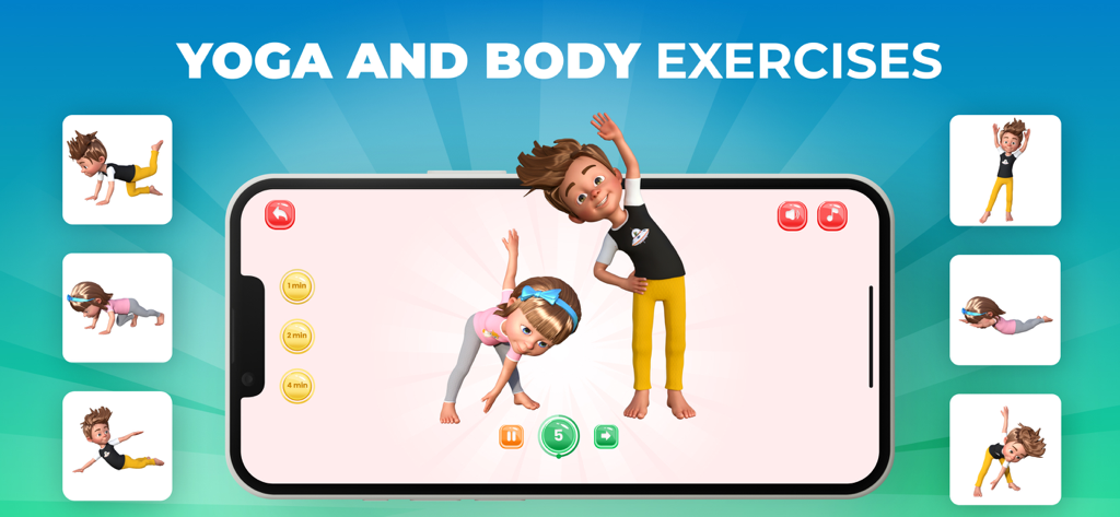 Menino e menina animados realizando alongamentos laterais de ioga em uma tela de aplicativo móvel intitulada Exercícios de Ioga e Corpo