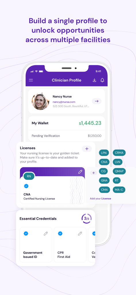 Nursa™ - Nursa app screen for clinician profile showing professional nursing licenses and digital credentials verification