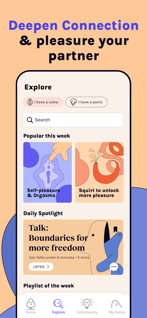 Kama: Intimacy & Connection - Screenshot of the Kama app Explore tab featuring intimacy guides and sexual wellness content