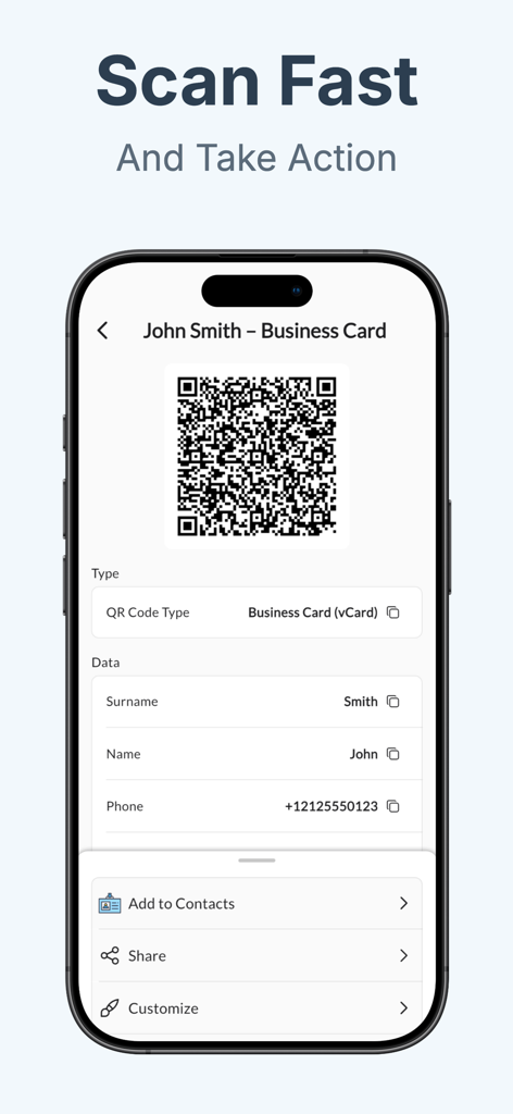 QRBot: Reader & Maker - QRBot-App-Oberfläche zeigt eine gescannte Visitenkarte mit Kontaktdaten und Aktionsschaltflächen