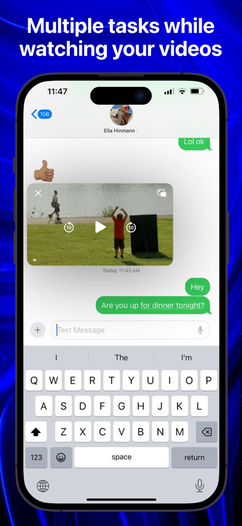 Bro Browser - PiP Video Player - Pantalla del iPhone mostrando video Picture in Picture de Bro Browser sobre mensajes de texto.