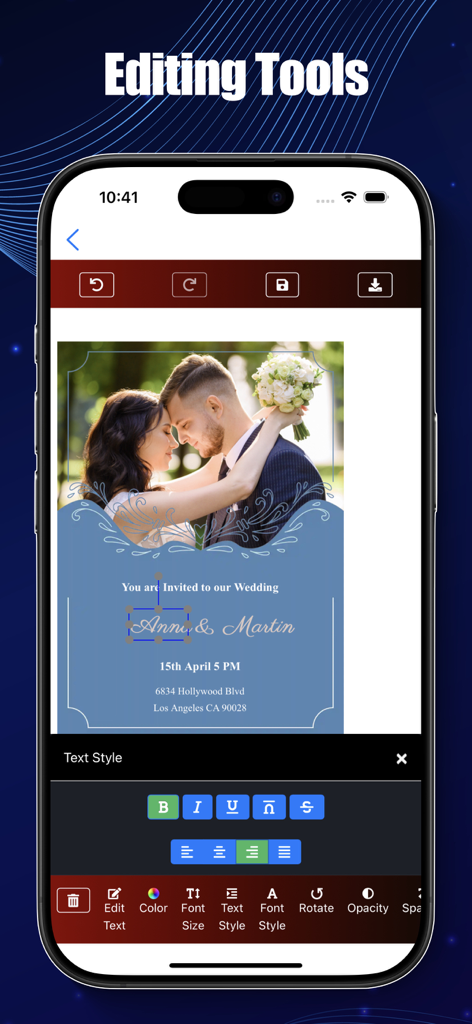 Invitation Maker: Card Design - Interface de l'application Invitation Maker montrant les outils de style et d'édition de texte pour un modèle d'invitation de mariage.