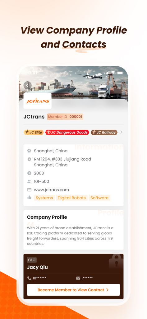 Écran de l'application JCtrans affichant le profil d'une entreprise de logistique, y compris les coordonnées et les informations commerciales.
