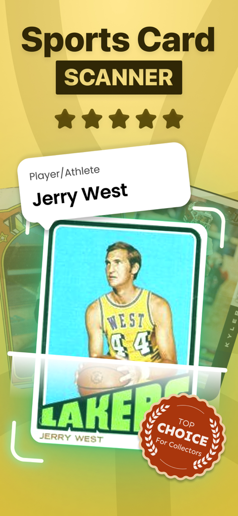 Sports Card Scanner Value - Aplicación móvil escaneando una tarjeta de baloncesto vintage de Jerry West para identificación