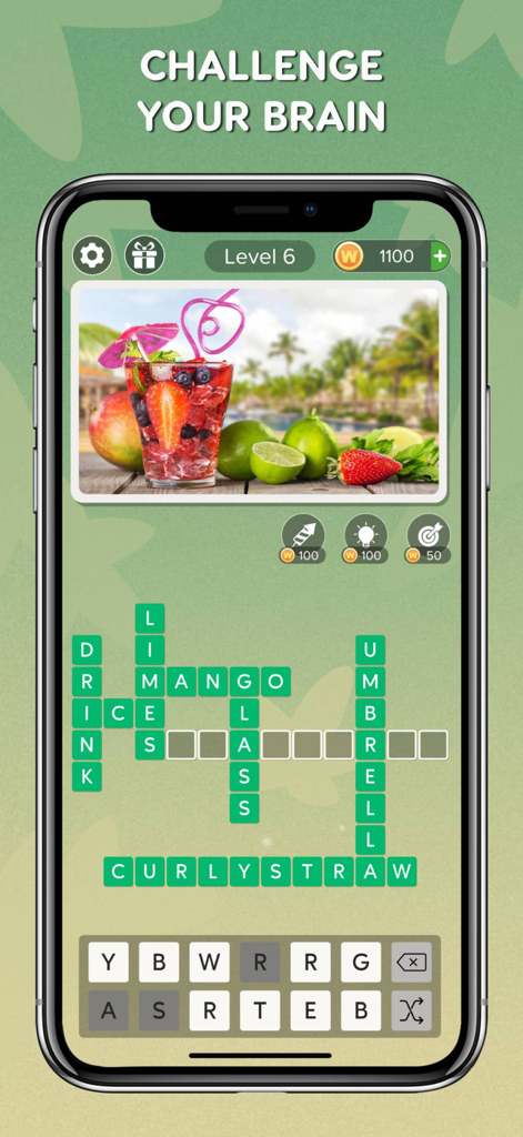 Mini Crossword Easy Daily - Gameplay screen of Mini Crossword Easy Daily showing a crossword puzzle with a picture clue of a tropical drink.