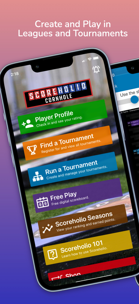 Mobile app interface of Scoreholio showing options to create leagues and run tournaments.