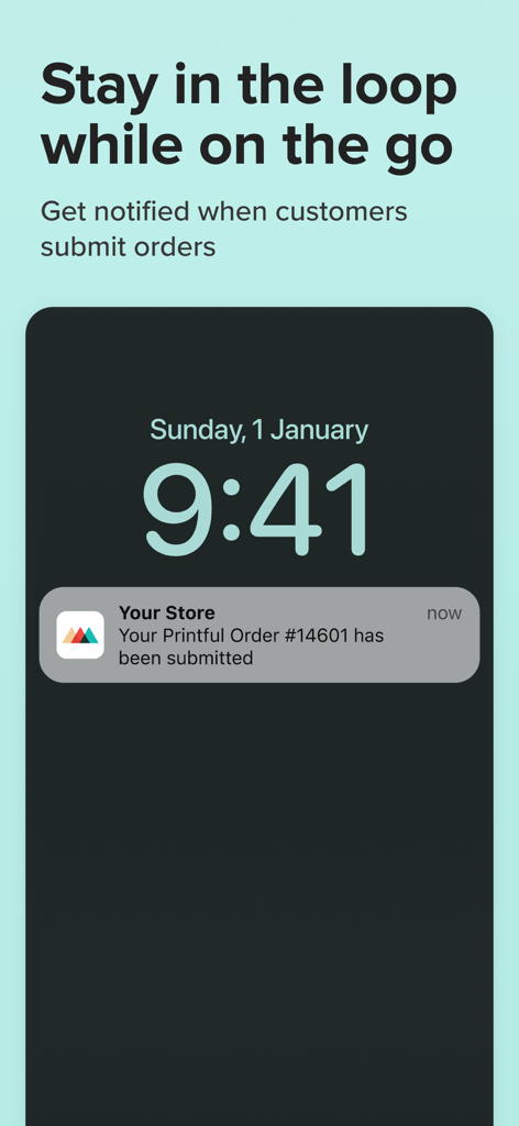 A smartphone lock screen displaying a push notification for a new customer order from the Printful app