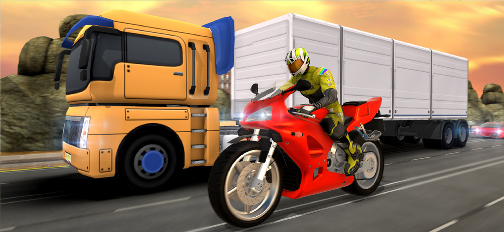 Red sportbike racing past a large yellow truck on a highway