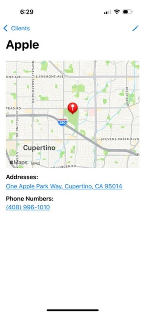 Schermata del profilo cliente che mostra una mappa con un segnaposto di posizione, indirizzo e numero di telefono