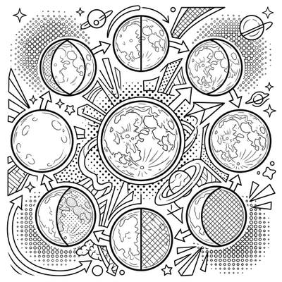 Embark on a cosmic coloring adventure with this vibrant Pop Art depiction of the Moon's journey. Explore the beauty of each lunar phase, from the invisible new moon to the radiant full moon, in a truly unique style.