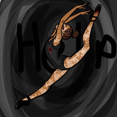 gymnast doing a leap in a leotard with a bent back leg