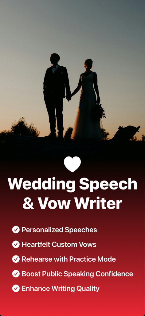 AI Wedding Speech Writer - Pantalla promocional de la aplicación WedSpeak que muestra características clave como discursos personalizados y votos personalizados con una silueta de novios.