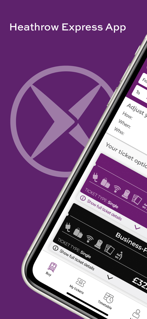 A smartphone screen displaying ticket options and travel amenities icons within the Heathrow Express mobile app