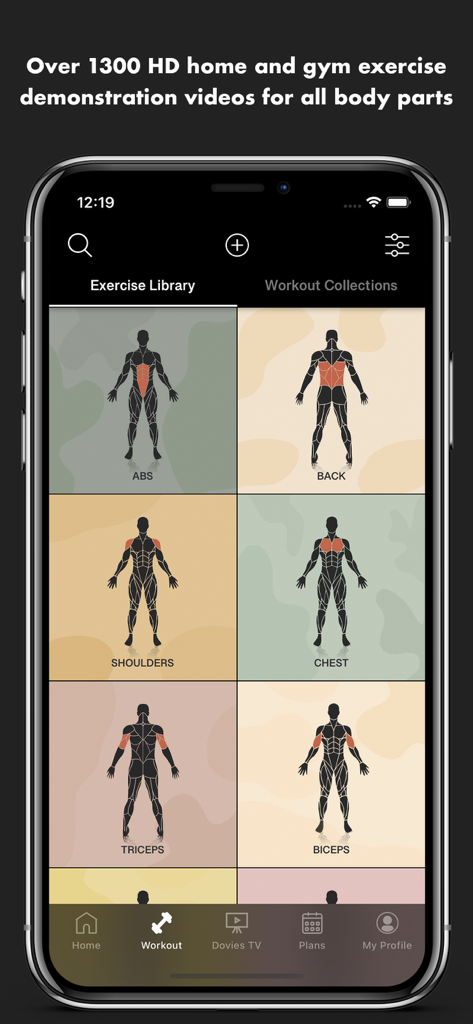 Doviesfitness mobile app interface showing an exercise library with muscle group categories like abs back and chest