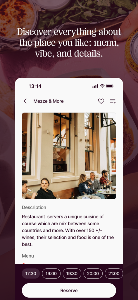 Dinee - Dinee Mobile App-Oberfläche, die Restaurantdetails und Echtzeit-Buchungsoptionen anzeigt