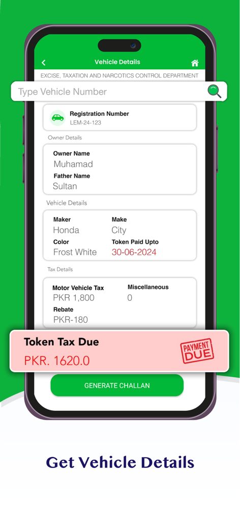 Écran mobile de l'application ePay Punjab montrant les détails du véhicule et une notification de taxe symbolique due pour une Honda City.