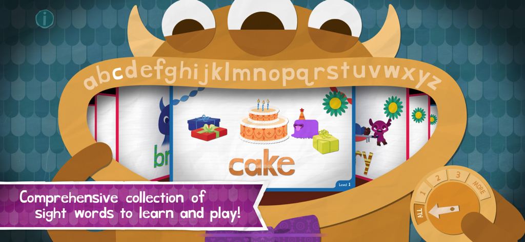 Un monstruo amigable mostrando un menú de tarjetas de palabras de uso frecuente como 'pastel' en la aplicación Endless Reader.