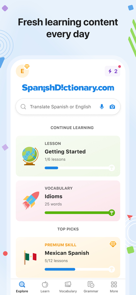 L'interface de l'application SpanishDictionary affiche la recherche de traductions et la progression quotidienne de l'apprentissage des leçons et du vocabulaire.