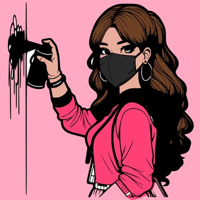 realistic girl with mask spray painting a wall