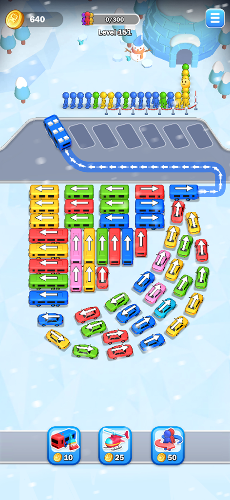Car Jam 3D: Bus parking Master - 3D puzzle game screenshot showing colorful buses and cars in a winter themed parking jam