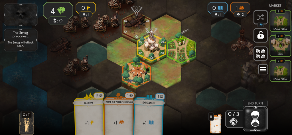Dawnmaker - Dawnmaker gameplay showing city construction on hexagonal tiles and strategy cards