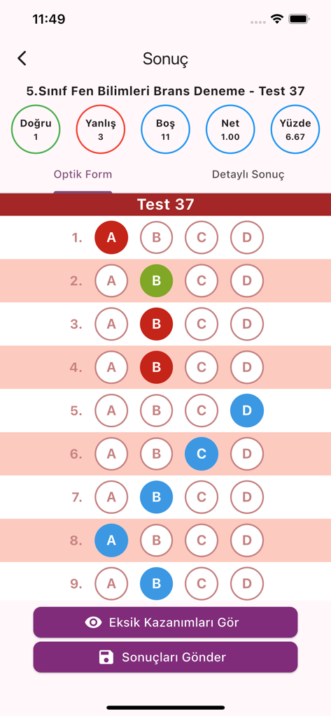 Hiper Zeka Optik Okuma - Una pantalla móvil que muestra métricas de resultados de exámenes como respuestas correctas e incorrectas y un formulario óptico digitalizado.