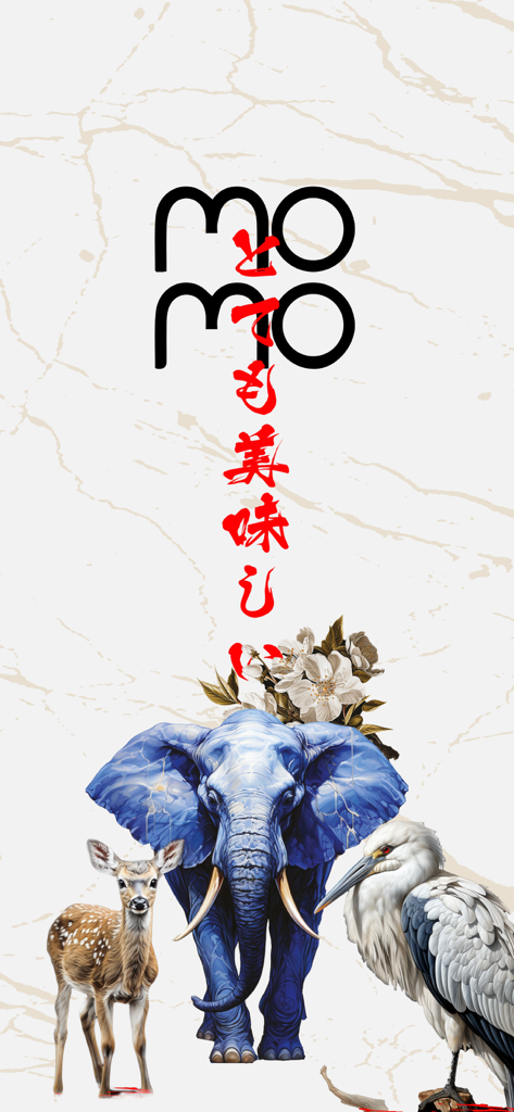 momo - MoMo Asian Bar app splash screen featuring the logo and artistic animal illustrations