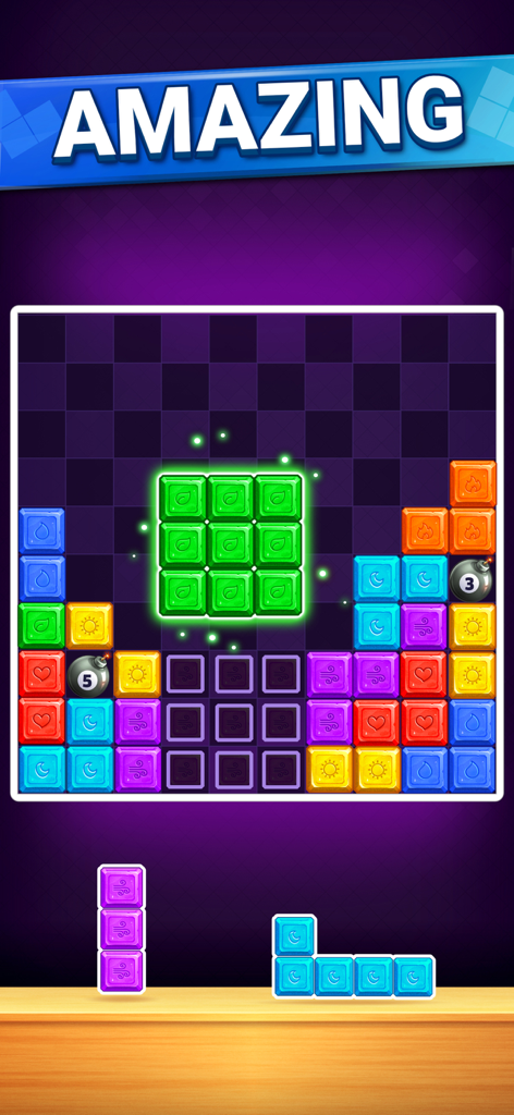 Tela de jogabilidade de Block Puzzles Hexa Block Game mostrando blocos quadrados coloridos e power-ups de bomba em uma grade.