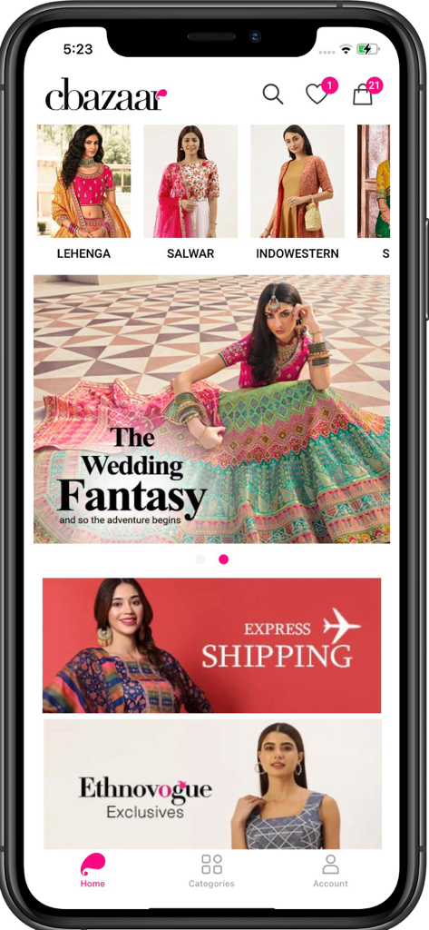 Cbazaar app home screen showing Indian ethnic wear categories like lehenga and salwar along with wedding collection banners