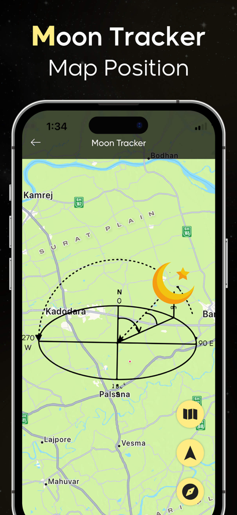 Schermata di uno smartphone che mostra una mappa della traiettoria lunare con dati di azimut e altitudine per un tracciamento lunare preciso.