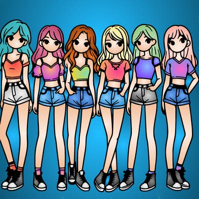 a group of girls wearing crop tops and shorts