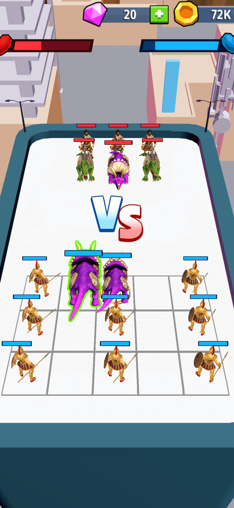 Dino Battle: Dinosaur games - Jugabilidad en 3D de Dino Battle mostrando dinosaurios y guerreros en una cuadrícula para estrategia de fusión.