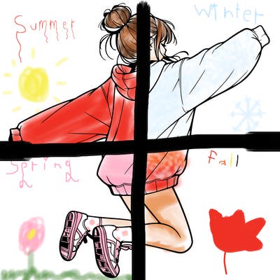 realistic girl jumping with a bun and oversized sweatshirt