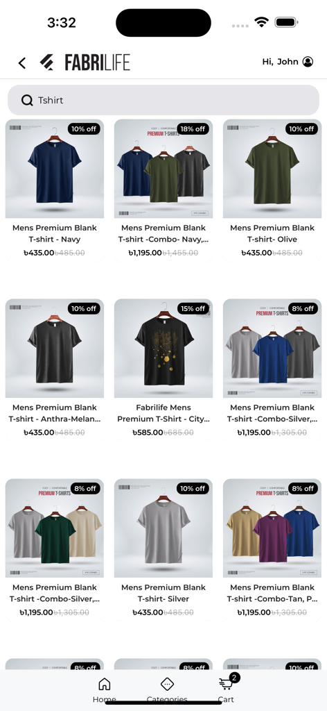Mobile app catalog screen showing various colors and packs of men's premium blank t-shirts.