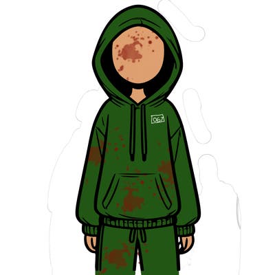 faceless girl in a tracksuit with a hood on and no hair