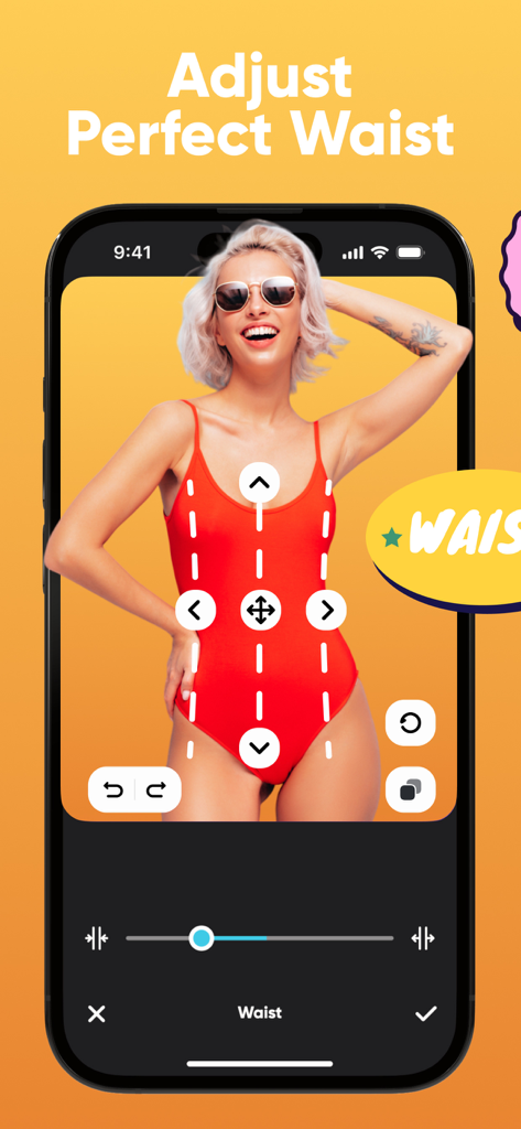 Body Editor & Face Filters - Pantalla de smartphone mostrando la herramienta de ajuste de cintura en la aplicación Body Editor