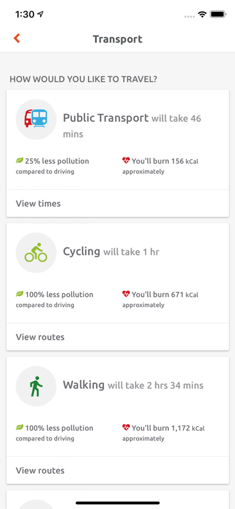 Kent Connected - Kent Connected App-Oberfläche, die Reisezeit, Umweltauswirkungen und Kalorienverbrauch für verschiedene Transportmittel anzeigt