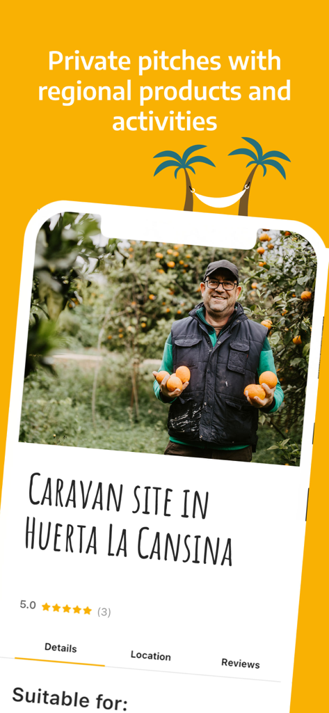 roadsurfer spots Campsites - Smartphone-Bildschirm, der eine private Wohnmobilplatz-Liste auf einem Bauernhof in der roadsurfer spots App anzeigt.