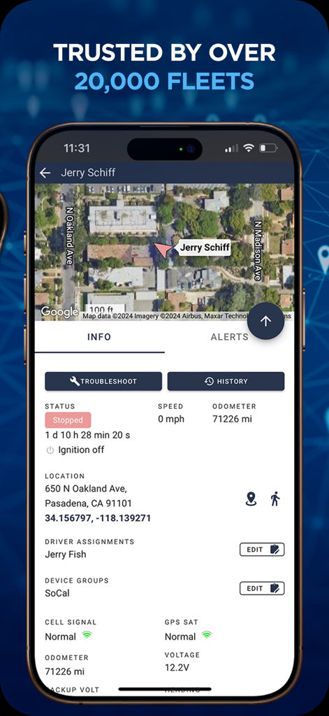 One Step GPS app interface showing real time vehicle status and map location for fleet management
