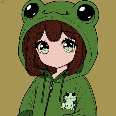 cute realistic girl in a froggy hoodie