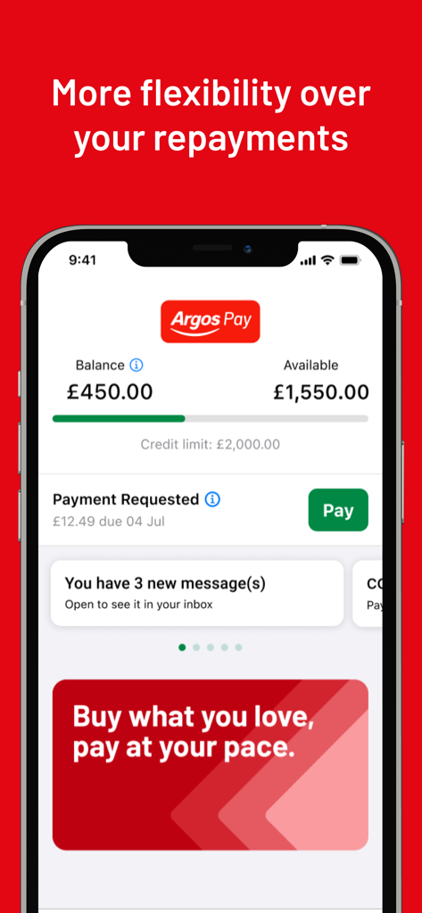Argos Pay - Argos Pay App-Dashboard, das Kontostand, verfügbares Guthaben und Rückzahlungsstatus anzeigt