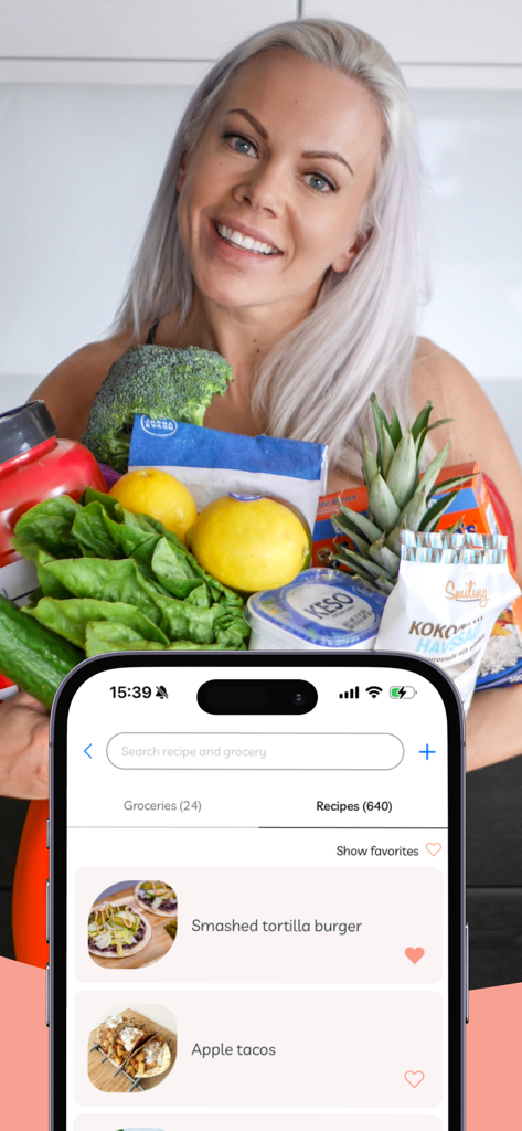 Livity - Une femme tenant des produits d'épicerie frais et sains derrière un smartphone affichant la bibliothèque de recettes de l'application Livity avec des options de repas comme des burgers de tortillas écrasés.