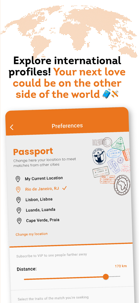 Denga Love: Black Dating - Denga Love app screen showing the Passport feature for international dating matches