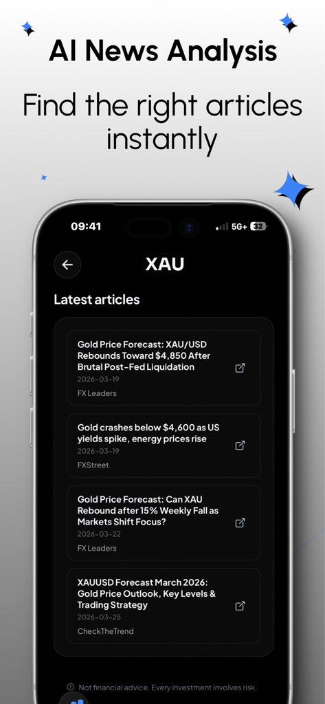 TradeLens: Chart Analysis - TradeLens app interface showing AI news analysis and gold price forecast articles