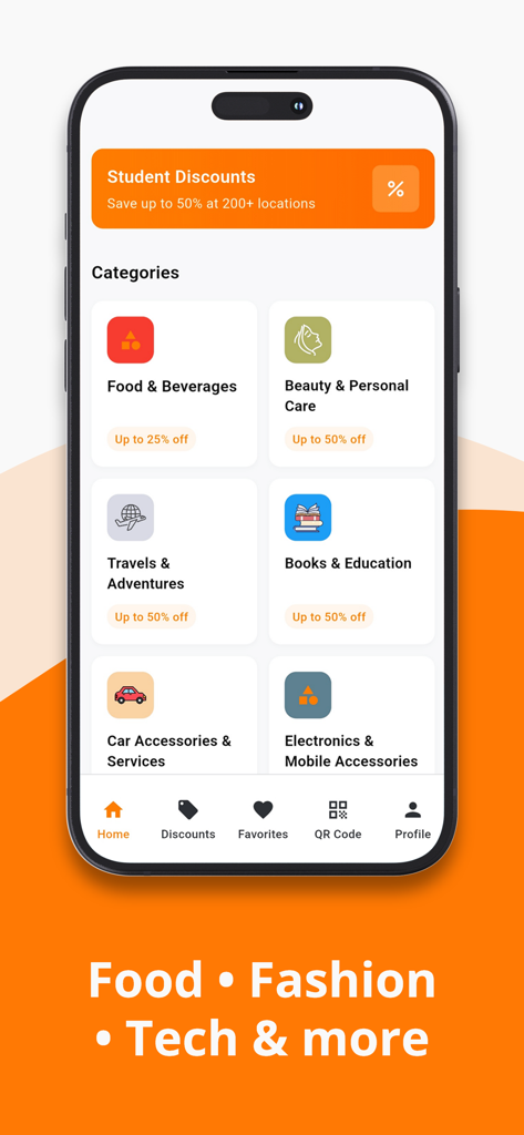 Pantalla de inicio de la aplicación Tullab mostrando varias categorías de descuentos para estudiantes como comida belleza y educación