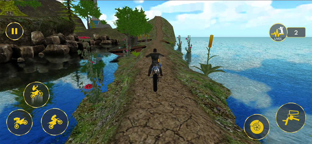Bike Stunt 3d: Racing Games 3D - Vista en tercera persona de una motocicleta compitiendo en una estrecha pista de tierra en Bike Stunt 3d