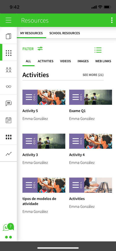 Blinklearning - Blinklearning app screenshot showing the resources screen with digital activities for students