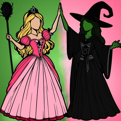 detailed realistic split of a princess and a witch