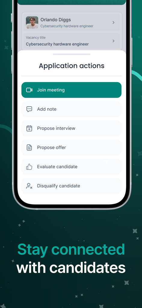 Wiggli Client - Wiggli Client mobile App-Oberfläche, die verschiedene Bewerberaktionen wie Meeting beitreten, Notiz hinzufügen und Angebot vorschlagen anzeigt